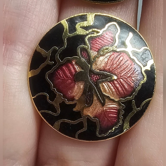 Vintage Black Gold Pink Flower Enamel Cloisonne Clip-On Round Stud Earrings - Picture 4 of 9